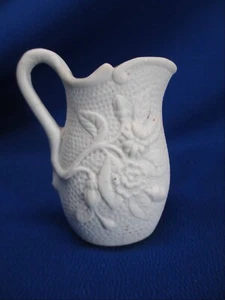 STAFFORDSHIRE PARIAN WARE MOLDED 3.5"H JUG IN WHITE RAISED RELIEF FLORALS - Picture 1 of 5
