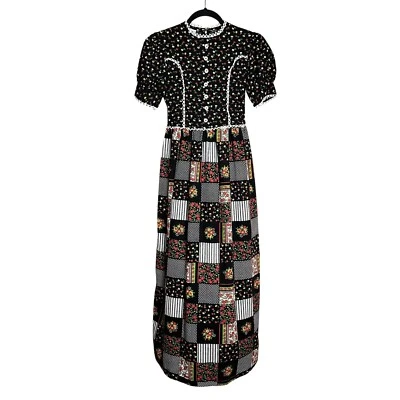 Maxi Vestido Vintage Años 70 JCPenney Micro Floral Retazos Manga Abullonada Encaje Atado Espalda Foto 1 de 4