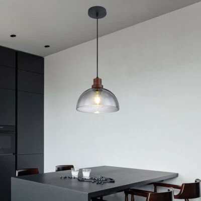 ETC-SHOP Hängelampe Pendelleuchte Holzlampe Wohnzimmerleuchte Glas rauchfarben H 150 cm
