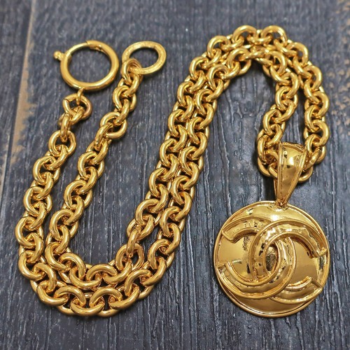 Collana CHANEL placcata oro logo CC rotonda vintage catena ciondolo #844c rialzo