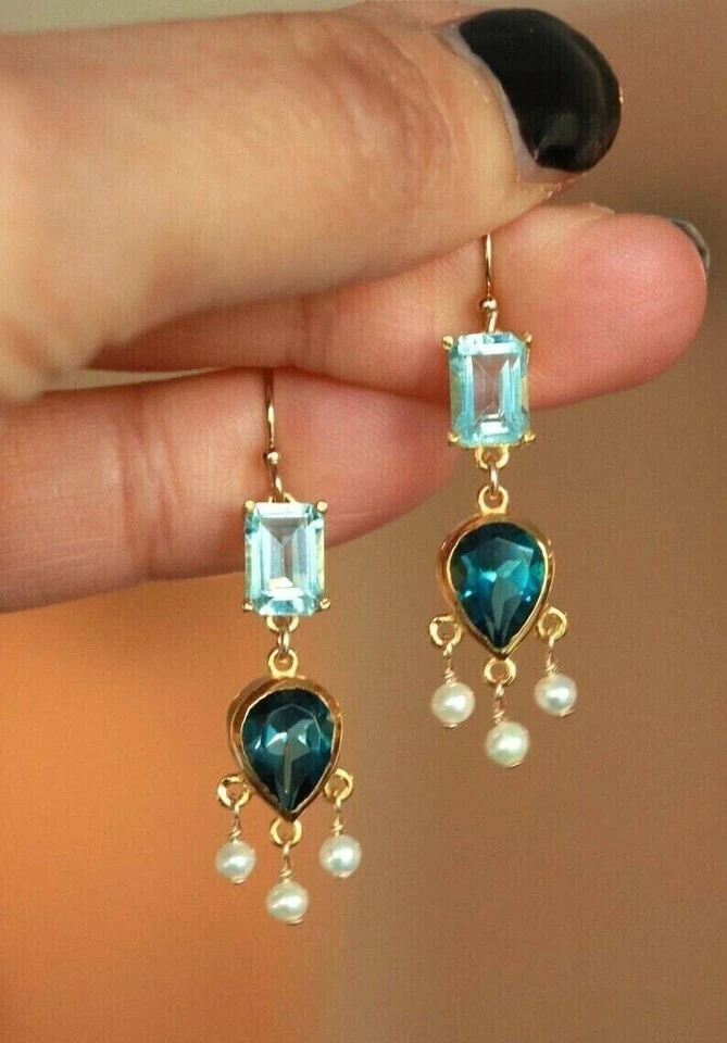 3Ct Chandelier Earrings Pear Cut Lab-Created LBT & Pearl 14K Yellow Gold Plated - Image 1 of 4