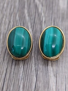 Elizabeth Koller Austria Art Deco Clip Earrings with Malachite Vermeil 925 - Picture 1 of 5