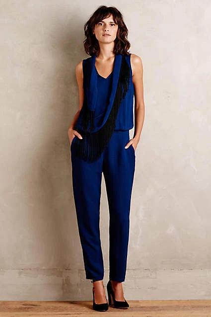 TWELFTH ST CYNTHIA VINCENT Blue Marine Scarf Fringe Jumpsuit Size P NWT $345 - Image 1 of 4