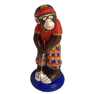 Vintage Golf Monkey Chimp Statue Chalkware Painted Red Gold & Blue - Picture 1 of 6