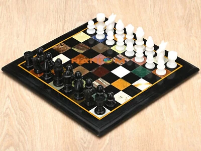 12" Black Marble Coffee Chess Table Set Multi Stone Board Game Indoor Game Play - Image 1 of 4