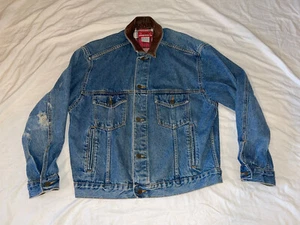 MARLBORO Country Store Blue Denim Truckers Jacket Leather Collar Vintage 90s M - Picture 1 of 9