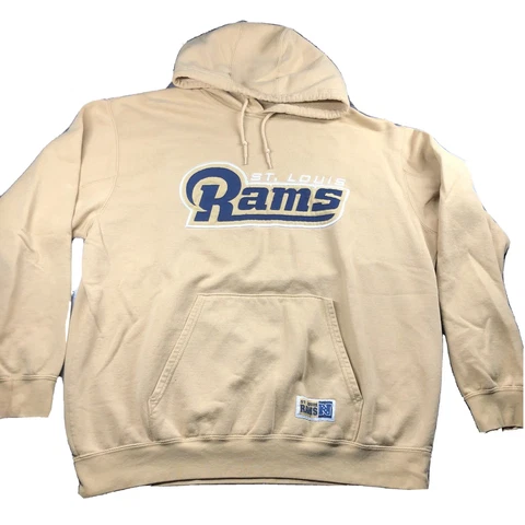 Vintage St. Louis Rams NFL Hoodie Men's XL Tan Football Sweatshirt 90s *HOLE* Cover