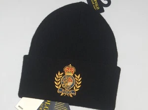 POLO RALPH LAUREN Men's Gold Crown Crest Wool Beanie Hat, Ski Cap, BLACK, nwt - Picture 1 of 15