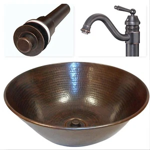 14" Round Copper Vessel Vanity Bath Sink with Lift and Turn Drain & Faucet Combo - Picture 1 of 3