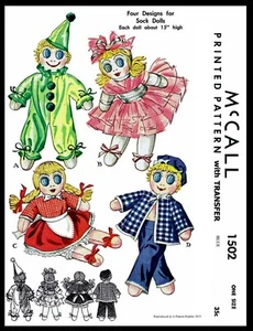 McCall # 1502 SOCK DOLLS Fabric Sewing Pattern Toy Clown Ballerina Sailor Girl  - Picture 1 of 2