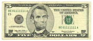 1999 5 $ Richmond, VA Federal Reserve Note Binary Fancy S/N BE01111111A - Bild 1 von 2