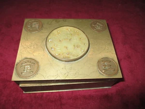 Antique Chinese Brass Box Green Jade Plaque Flowers Chinese Characters China Old - Picture 1 of 8