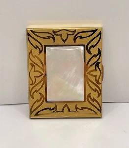 Vintage Elgin American Gold Tone Etched Makeup Compact Mirror Mother Of Pearl - Picture 1 of 14