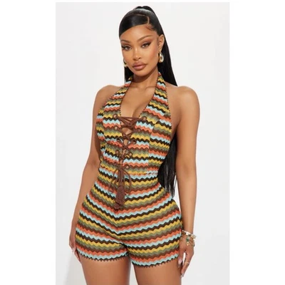FashionNova Kaui Crochet Halter Mameluco Multicolor Tejido Festival Boho Verano Talla M Foto 1 de 4