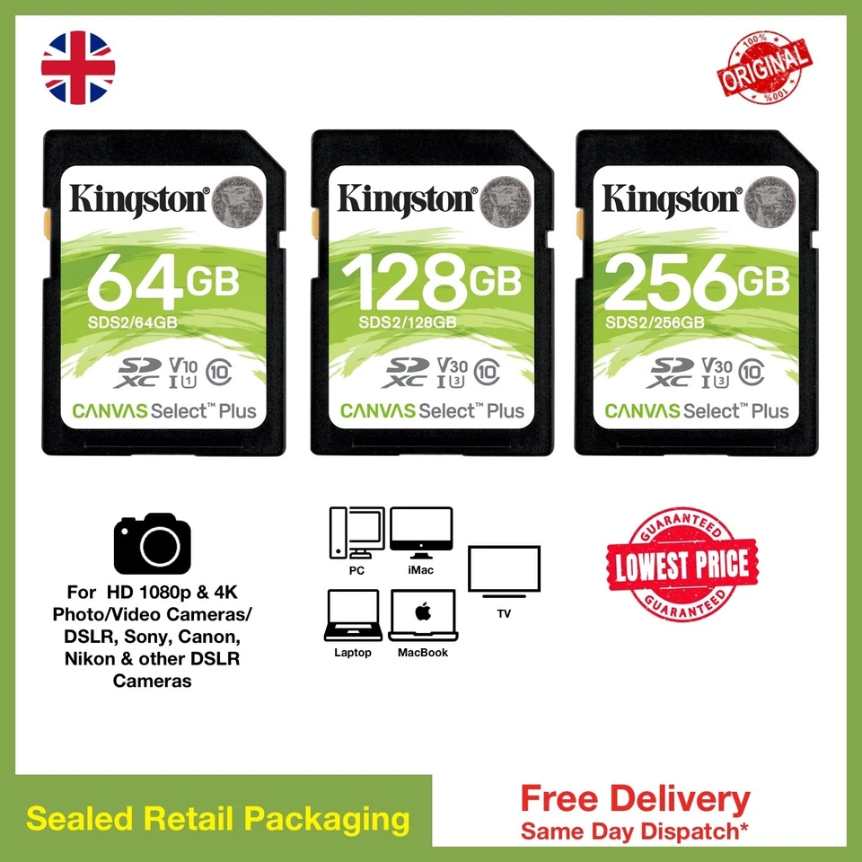 ‎Kingston Canvas Select Plus 64/128/256 GB SD Card for Cameras, DSLRs, 4K UHD - Image 1 of 1