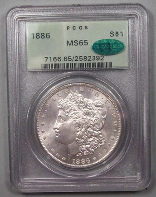Gorgeous BU Gem 1886 Silver MORGAN Dollar.  PCGS MS65 CAC OGH (old green holder) - Image 1 of 4