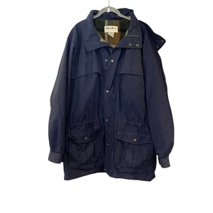 Vintage Eddie Bauer Mountain Parka Jacket L Tall Blue Zip Hooded Wool Lined Y2K - Picture 1 of 6