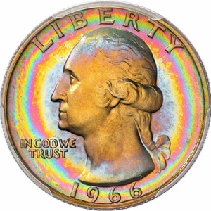 SP67 1966 25C Washington SMS Quarter, PCGS Trueview- VIVID Rainbow Target Toned! - Picture 1 of 13