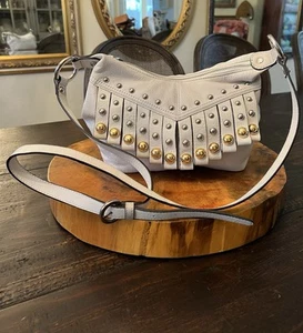 Vintage B Makowsky Cream Fringe Leather Studded Hobo Bag Bohochic Glam - Picture 1 of 7