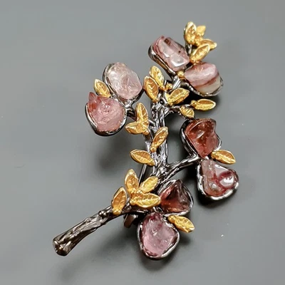 Broche de turmalina natural hecho a mano de 12 quilates + plata de ley 925/NB28622 Foto 1 de 4