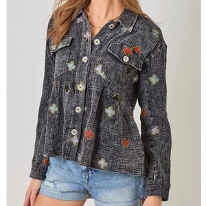 Mystree Embroidered Peplum Jacket Top Button Up Long Sleeve Women's Large - Picture 1 of 9