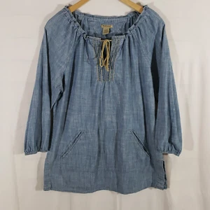 RUFF HEWN Size M Cotton VTG Wash Denim Boho Tunic Top Shirt 3/4 Sleeve Pockets - Picture 1 of 11