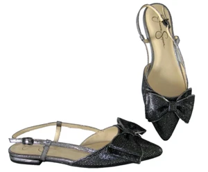 Jessica Simpson Womens 10 Black/Silver Bow Rhinestone Slingback Pointy Flat Shoe - Picture 1 of 10
