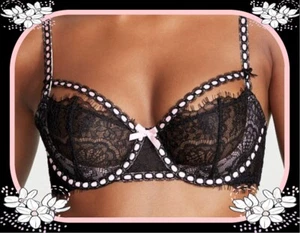 36B Black Lace w Pink Slot Ribbon WICKED PushUp wo pad Victorias Secret UW Bra - Picture 1 of 11