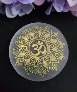 Large 3.3" Selenite Charging Plate Disc Gold Engraved Lotus OHM Crystal Carving - Picture 1 of 8