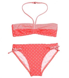NWT ROXY Bikini Set Girls 14 16 Neon Coral Drawstring Bandeau Junior Set Swimm - Picture 1 of 1