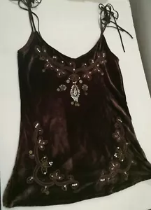 DASLU SAO PAULO Womens Size 36 Velvet Cami Tank Top Embroidered Beaded Brown - Picture 1 of 12
