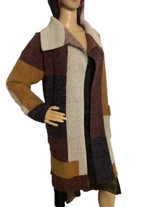 Vertigo Women’s Graphic Print Duster Cardigan Sweater Medium Rectangles Pockets - Picture 1 of 6