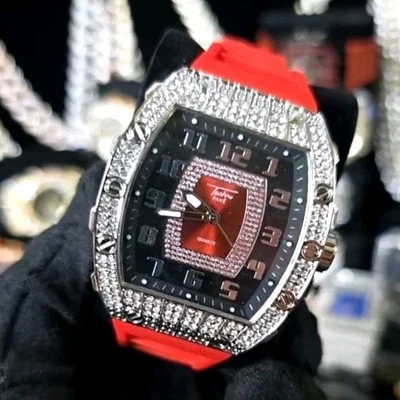 Men's Techno Pave Bling Chrome &  Red Silicon Band Fashion Dressy  Watch - Image 1 of 4