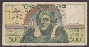 [VF, No Tears] 1952 Tunisia 500 Francs P-28 K324-002 [002-2] - Picture 1 of 2