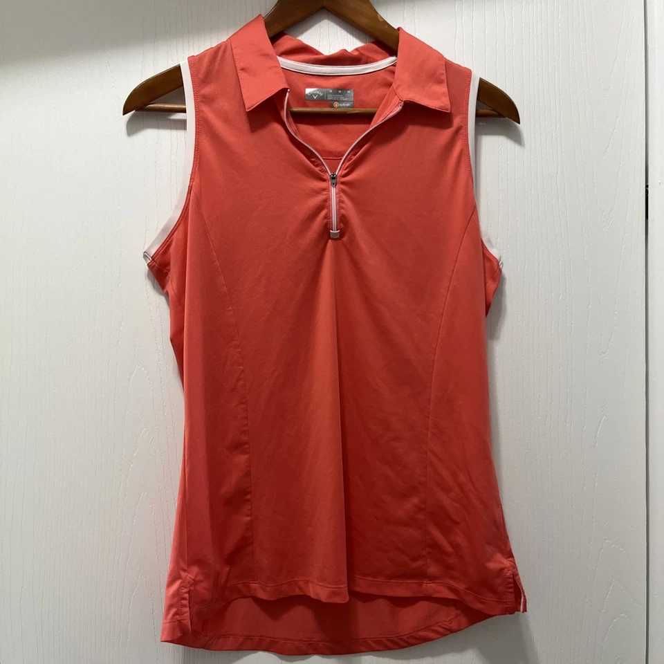Camisa Polo Callaway Para Mujer Mediana Sin Mangas Top 1/4 Cremallera Opti Seco Golf Polo Melocotón  Foto 1 de 4