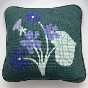 Handmade Mid Century Needlepoint Pillow Floral 12X12” Green Velvet Back Zippered - Picture 1 of 11