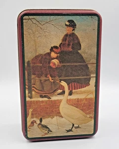 Vintage Blechdose Winterszene Frauen füttern Schwäne Enten rustikale Deko - Bild 1 von 13