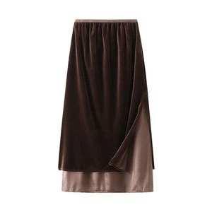 Women Retro Velvet A-line Skirt Split Straight Pleuche Half Dress Elastic Waist - Picture 1 of 7