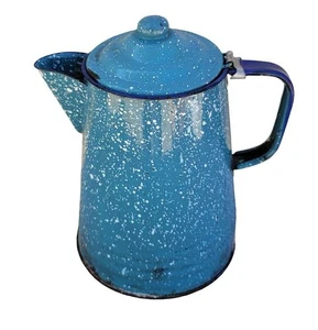 Primitive French Country Farmhouse Decor Cabin Blue Enamelware Coffee Pot M21 - Picture 1 of 8