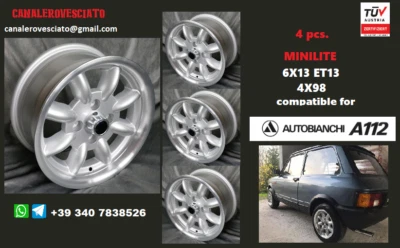 4 Cerchi Minilite 13 pollici 4x98  Autobianchi A112 Abarth Y10 Primula wheels - Imagen 1 de 4