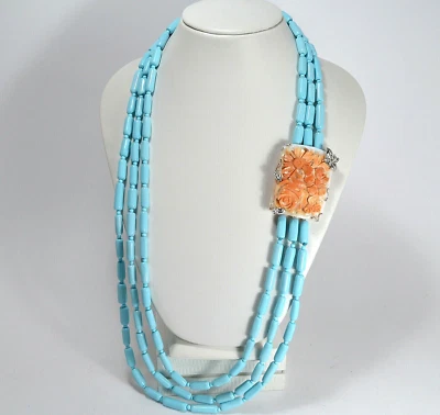 COLLANA  ARGENTO 925  CANNETTONI PASTA DI TURCHESE CAMMEO CORNEOLA  - AGLN 0233- - Immagine 1 di 3