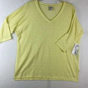 Chico's V-Neck Yellow Stripe Linen Tunic Elbow Length Dolman Sleeves Size 1 NWT - Picture 1 of 14
