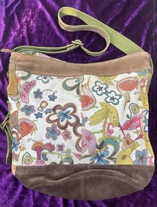 Lucky Brand Shoulder Bag Floral Bird Fetish Bucket Crossbody Canvas Suede Boho - Picture 1 of 16