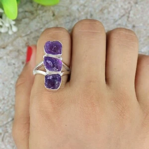 Raw Amethyst Sterling Silver Three Stone Uncut Healing Crystal Ring Jewelry - Picture 1 of 5
