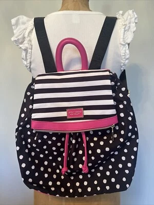 Betsey Johnson Black And White Polka Dot Stripe Matte Satin Drawstring Backpack - Image 1 of 4