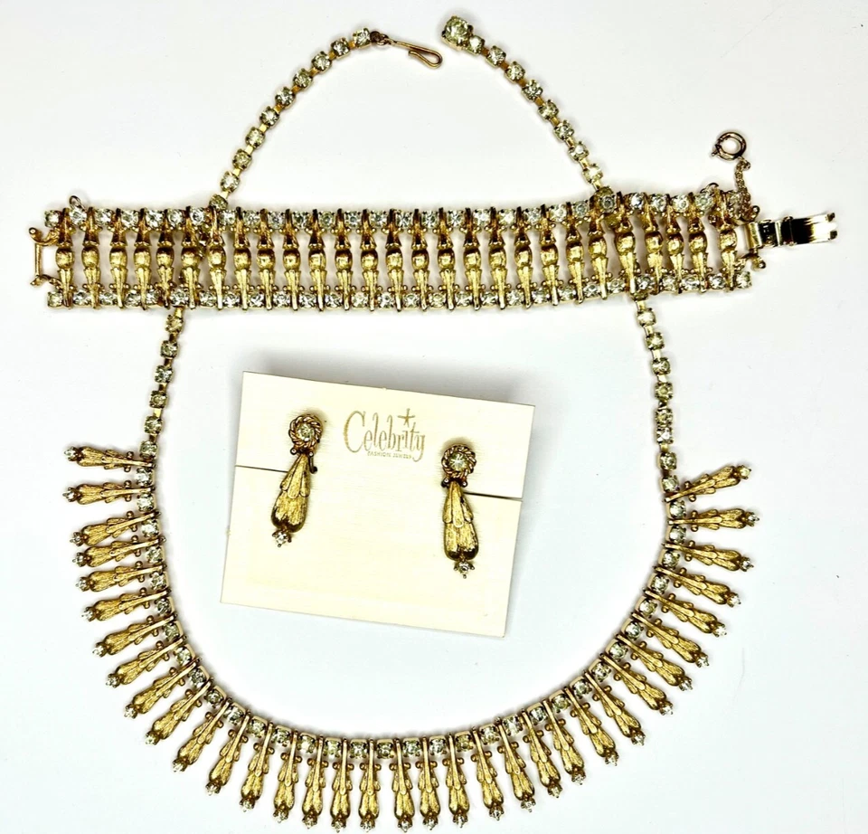 RARE VTG Celebrity Gold Egyptian Cleopatra Fringe Necklace Bracelet Earring Set - Image 1 of 4