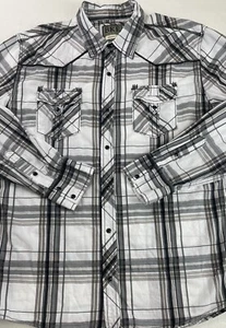 BKE Pearl Snap Athletic Fit Long Sleeve Shirt Mens XL White Gray Plaid Cotton - Picture 1 of 10