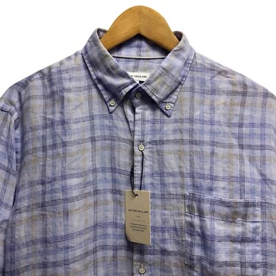 Peter Millar Mens Size M Beachwood Button Down L/S Blue Plaid Linen Pocket Shirt - Image 1 of 4