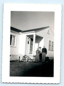 Vintage Photo 1940s, Family Posing Front of House w/ Bike, 4.5x3.25 Black White - Picture 1 of 2