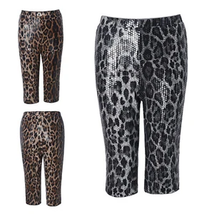Damen Glitzer Leopard Capri Hose Gummibund dehnbar Disco Hose Motiv - Bild 1 von 30
